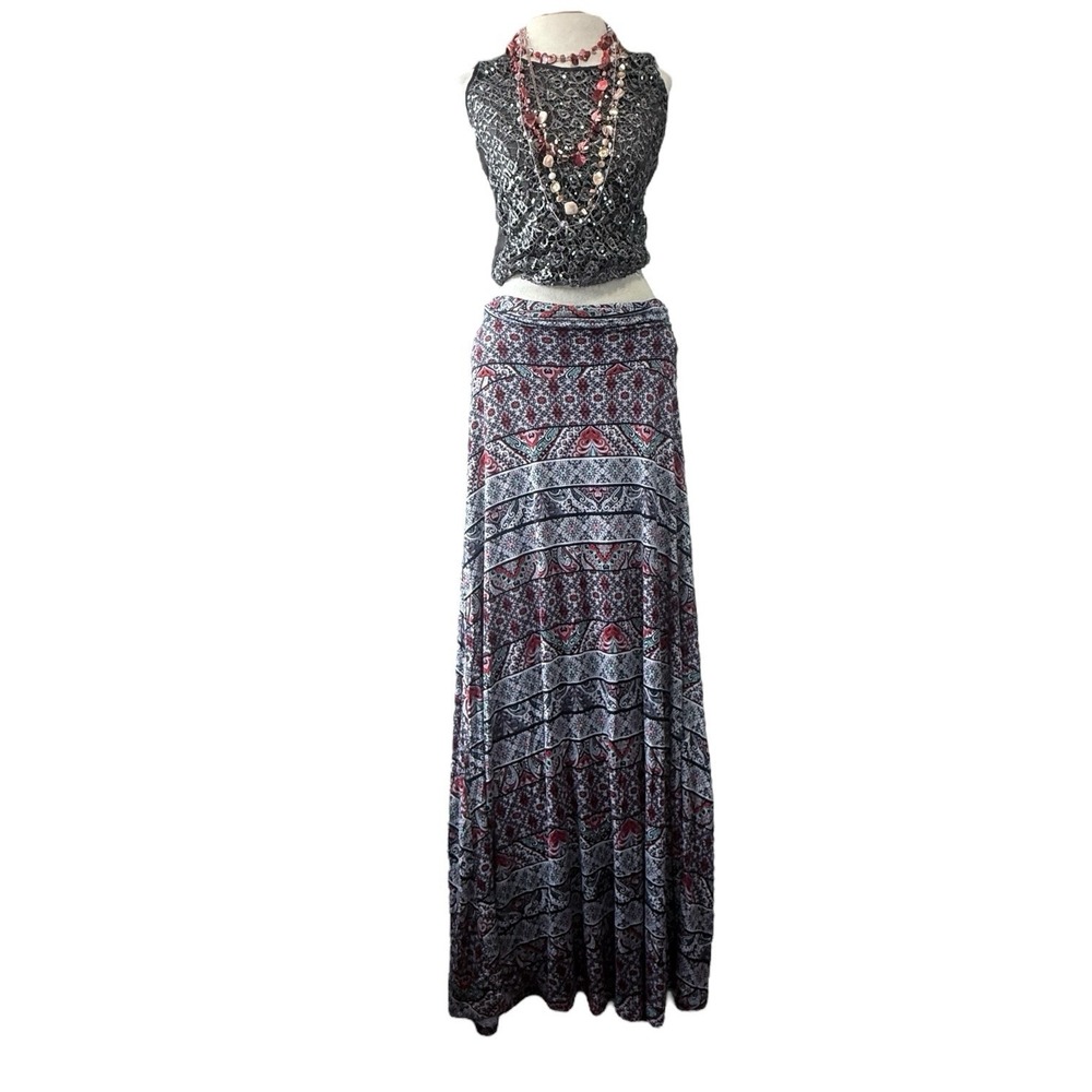 Vintage Y2K 90s Maxi‎ Skirt  Geometric Boho Fairy Retro Fold Roll Down Top Mudd